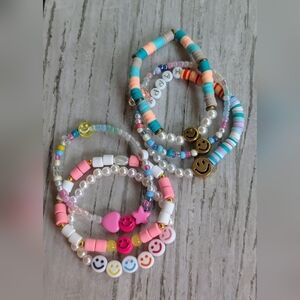 Hand Crafted Pink and Blue Happy Face Beaded Bracelets Set Of 6
